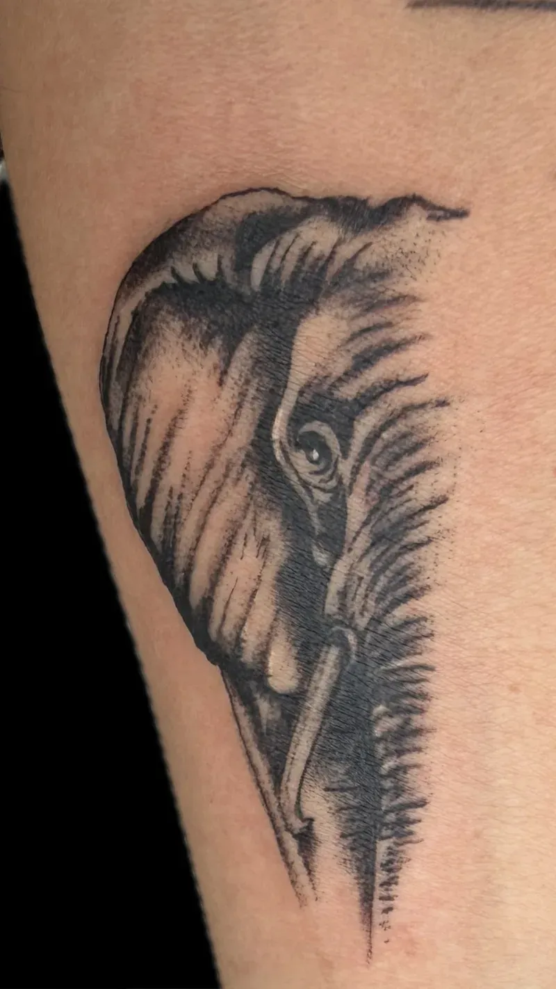 Black and grey realistische olifant tattoo, gemaakt bij Mind to Body tattoo Gent
