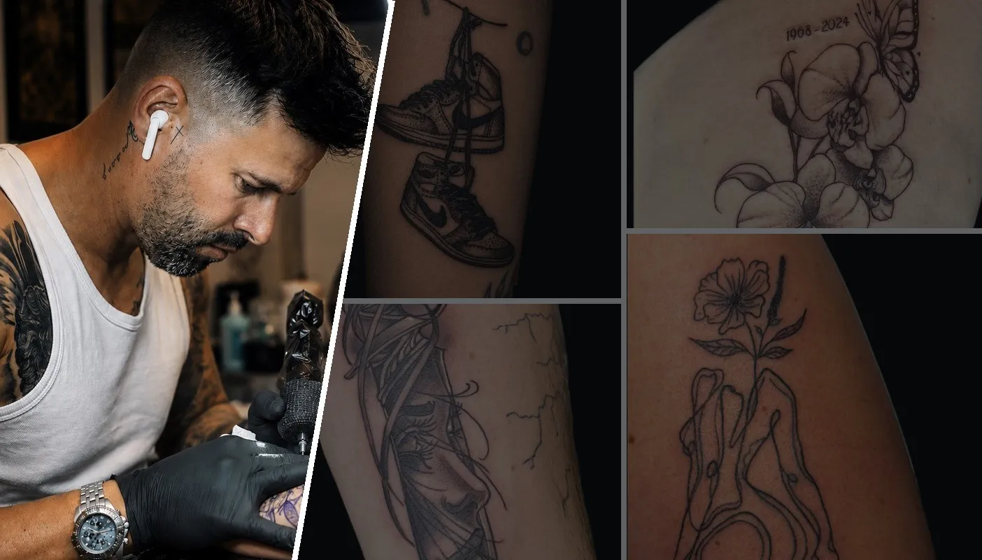 Glenn Cantré in zijn tattoo studio Mind to Body in Gent, met een collage van zijn tattoowerk